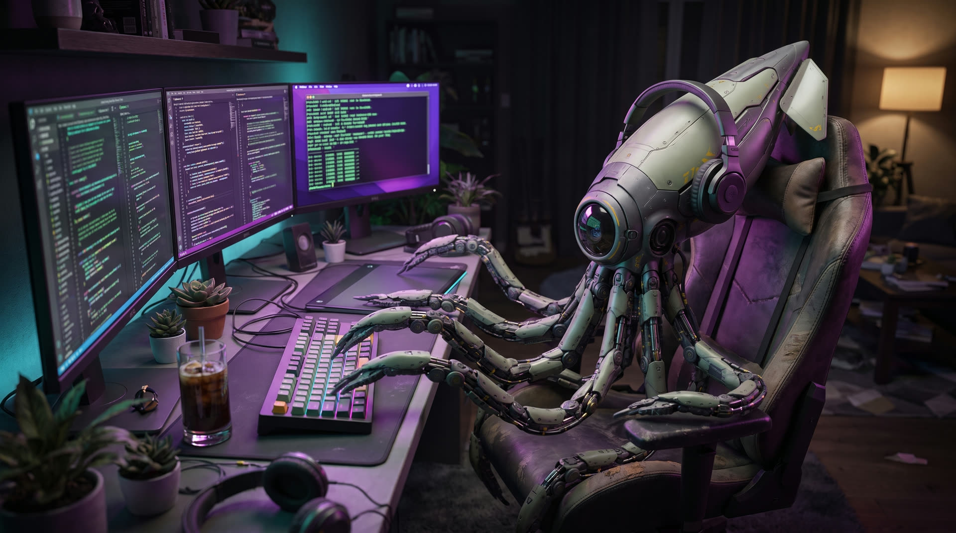 The Squiid robot vibe coding at night in front of three monitors