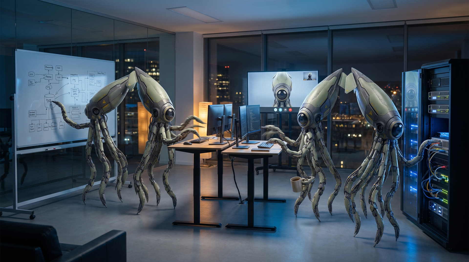 A team of Squiid robots working together in an office