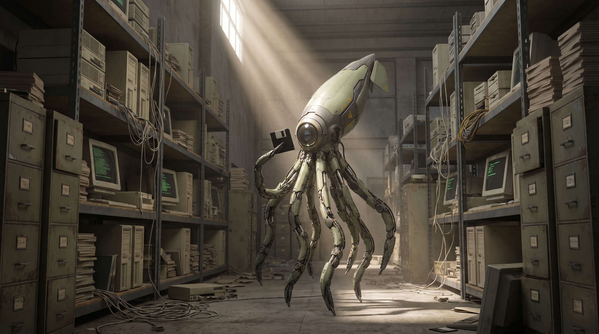 The Squiid robot alone in an archive of old servers and punch cards
