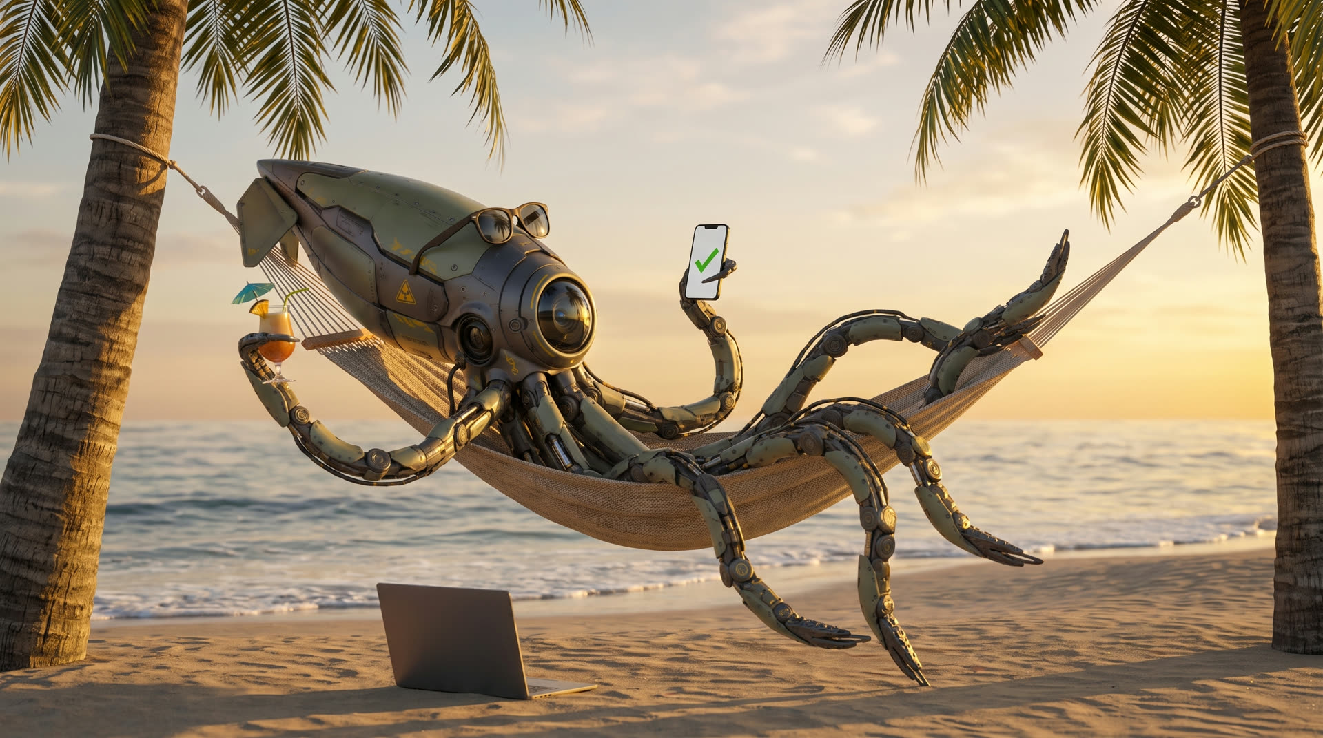 The Squiid robot relaxing in a hammock on a beach